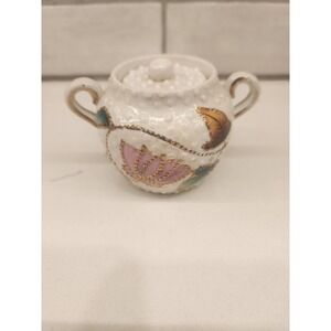 Vintage Miniature Lidded Sugar Dish Or‎ Bowl Hand Painted Moriage Raised Florals